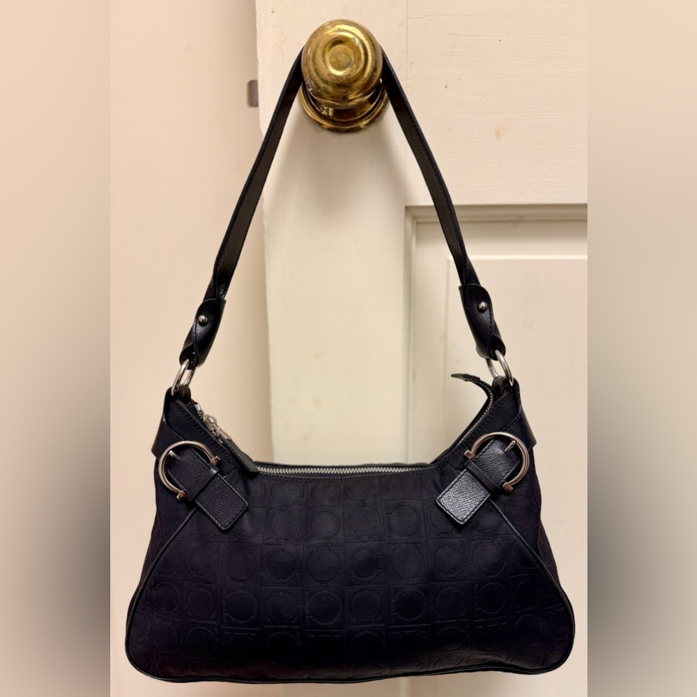 SALVATORE FERRAGAMO Silver Fittings Gancini Canvas Nylon Shoulder Bag Black/Red